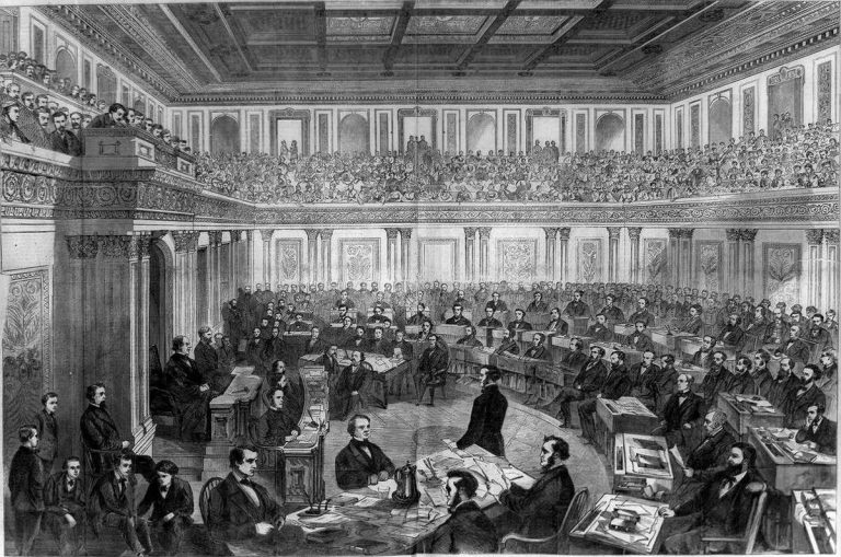 Courtroom sketch: Andrew Johnson amerikai elnök közjogi felelősségre vonása (1868)