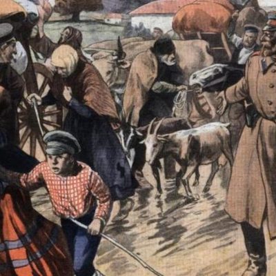 A Le Petit Journal című francia újság címlapján a menekülő falusiakat ábrázolja a félreértés miatt kitört háborúban