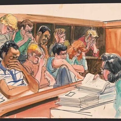 Courtroom sketch: Az esküdtszék tagjai hallgatják az emberölés részleteit a tárgyaláson (1988)